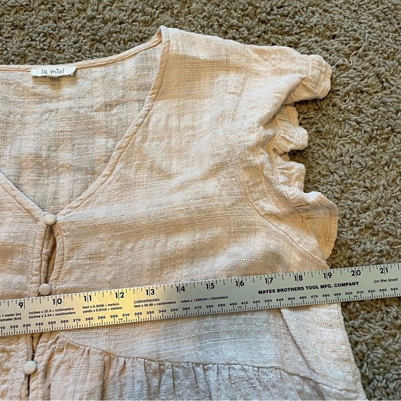 La Miel Blush Pink Crepe Cotton blend Baby Doll Ruffle Blouse sz M - Picture 9 of 10